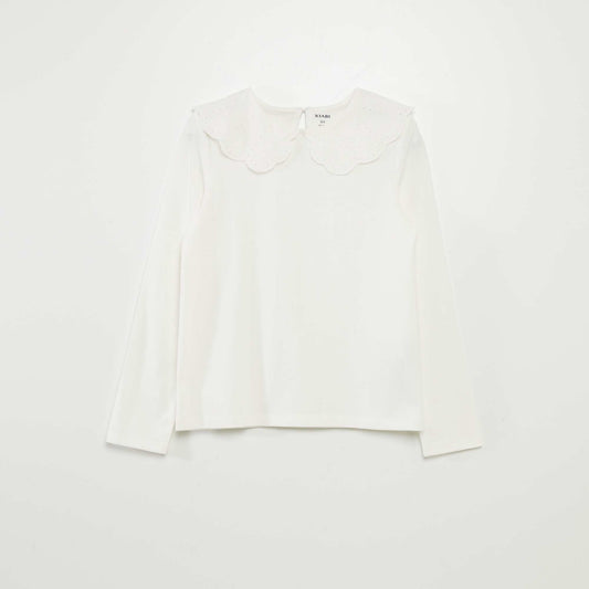 T-shirt with broderie anglaise collar WHITE