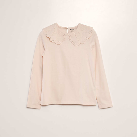 T-shirt with broderie anglaise collar PINK