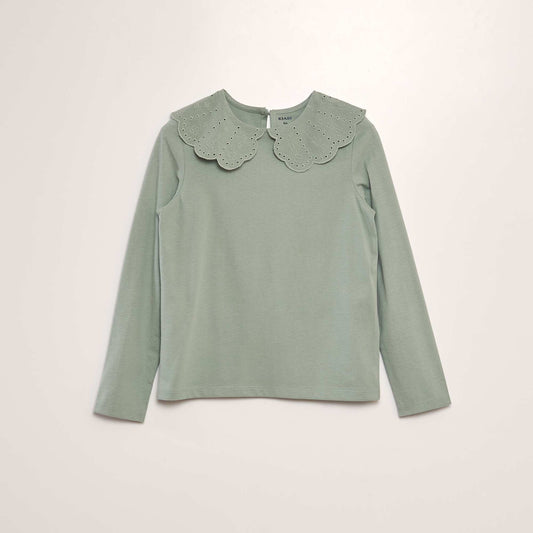 T-shirt with broderie anglaise collar GREEN