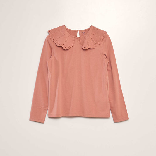 T-shirt with broderie anglaise collar PINK