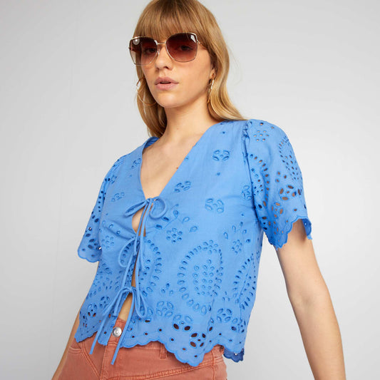 Embroidered blouse with bows at the front BLUE