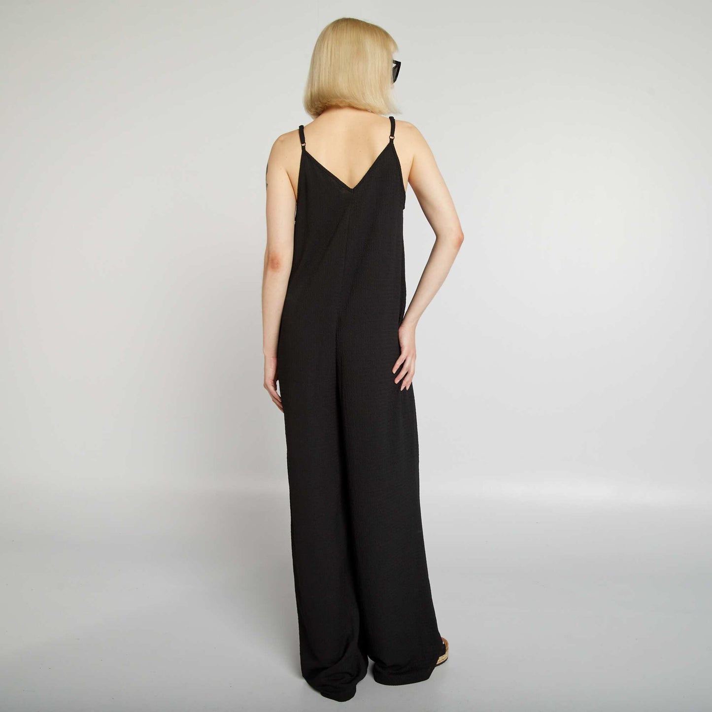 Stretch knit fabric wide-leg jumpsuit black