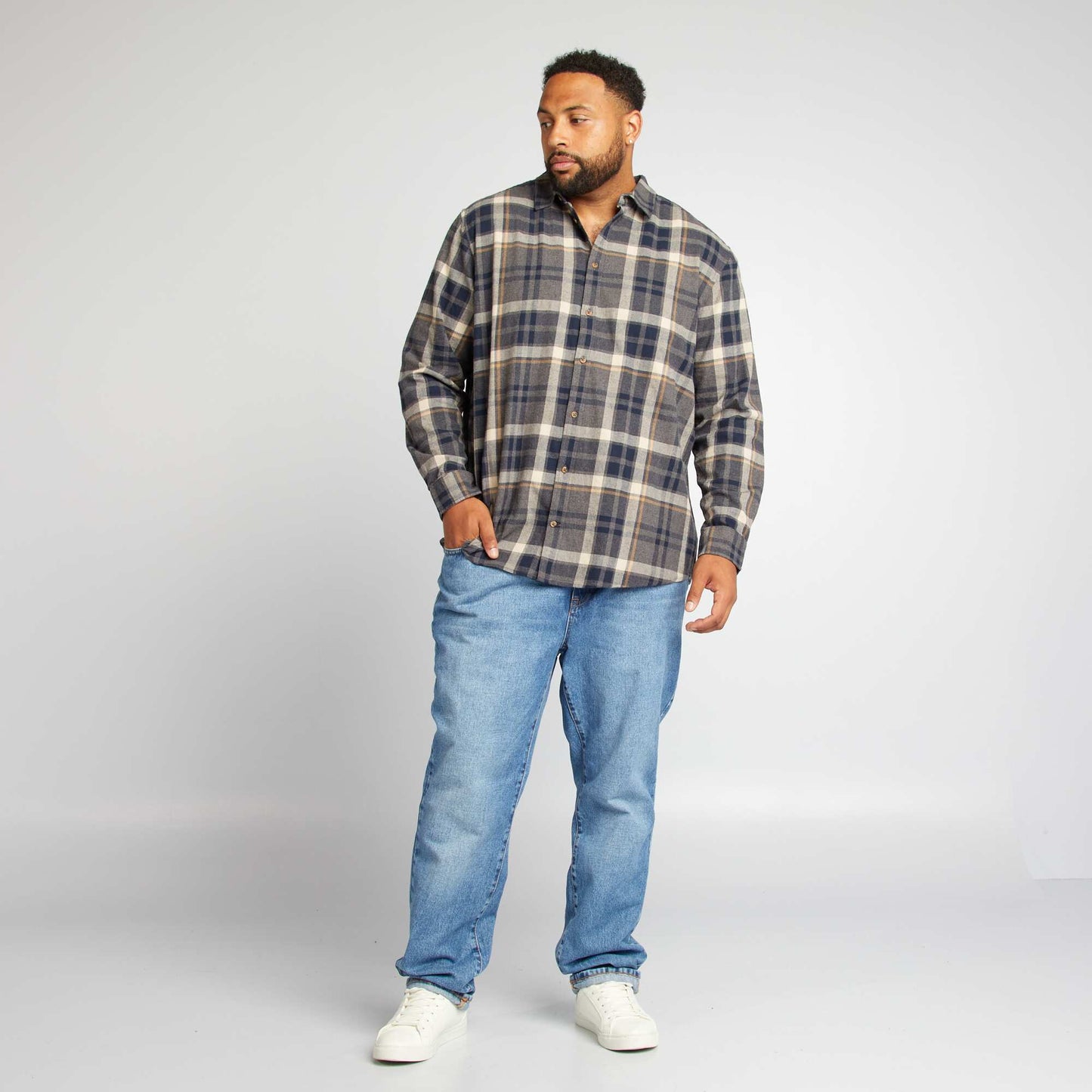 Straight-cut checked flannel shirt BLUE