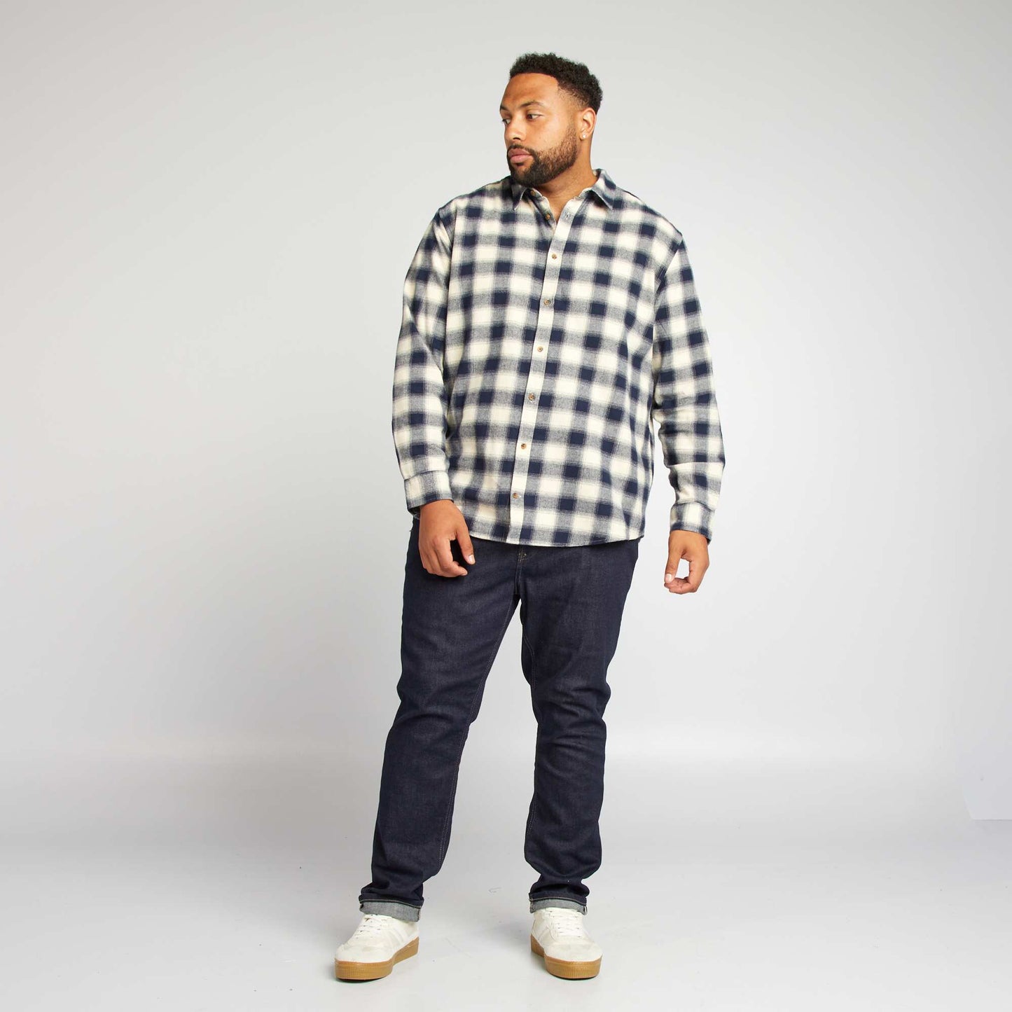 Straight-cut checked flannel shirt WHITE