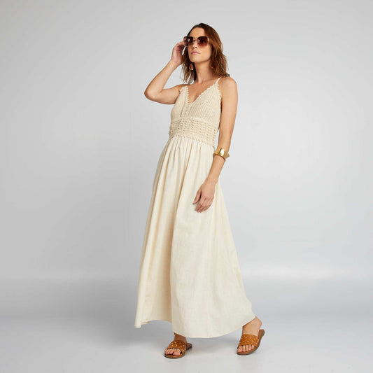 Long flared macramé dress WHITE