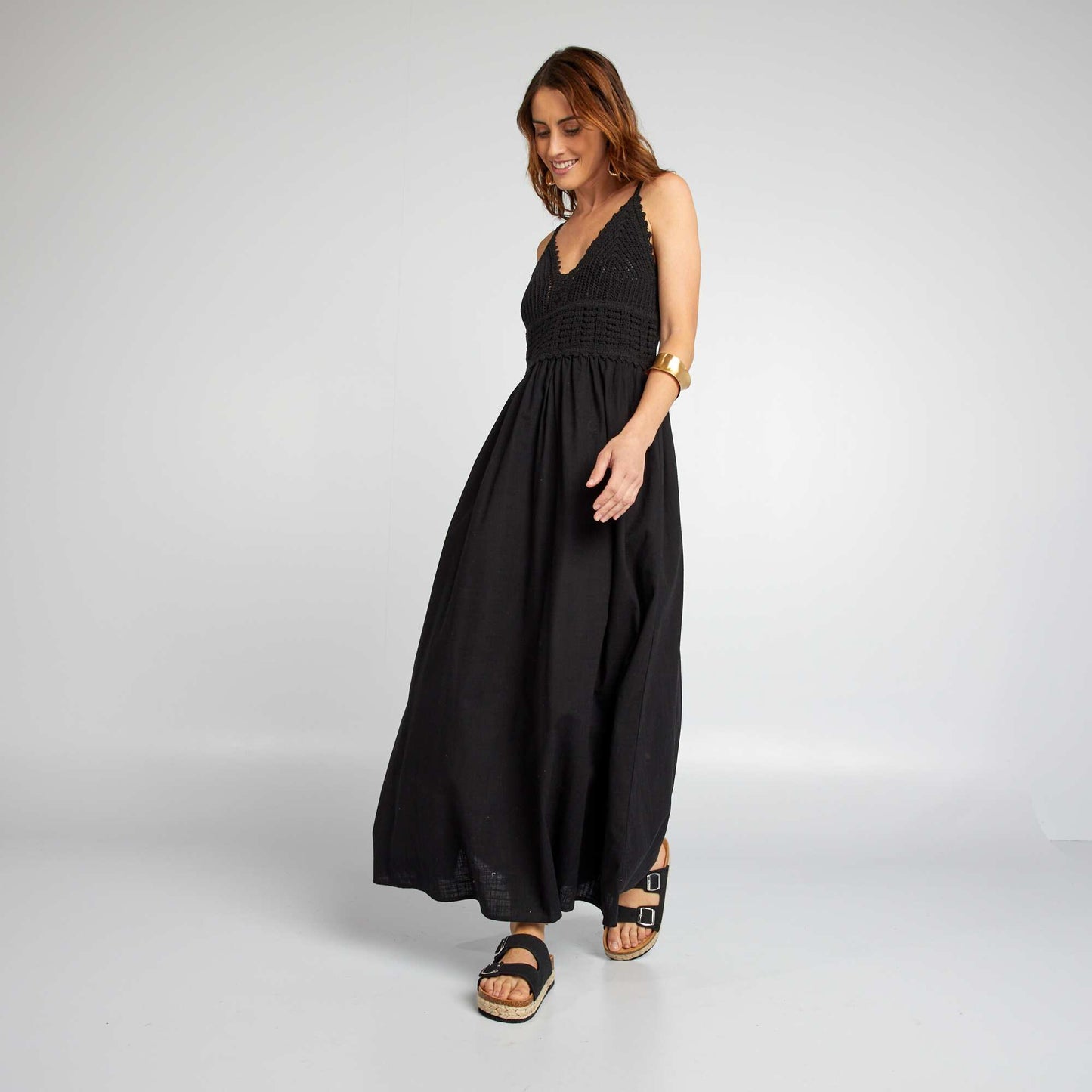 Long flared macramé dress black