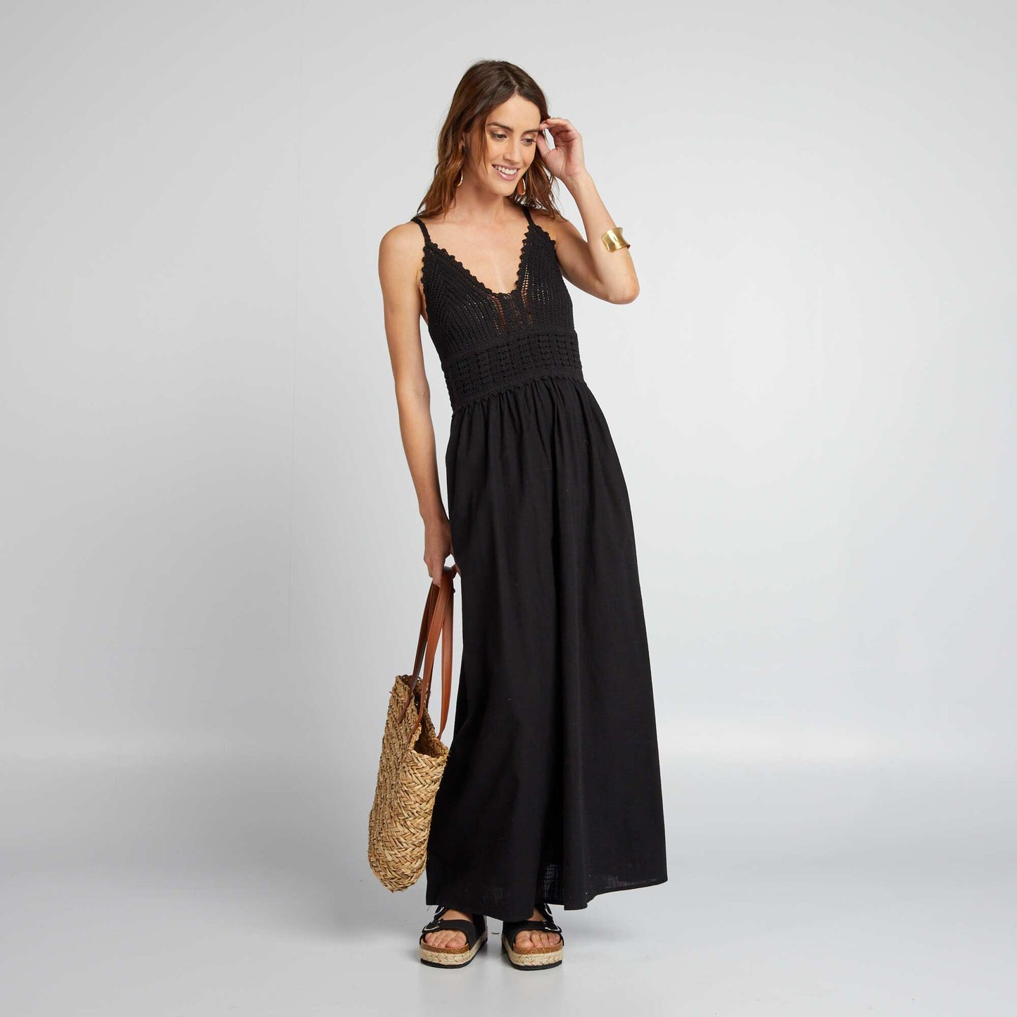 Long flared macramé dress black