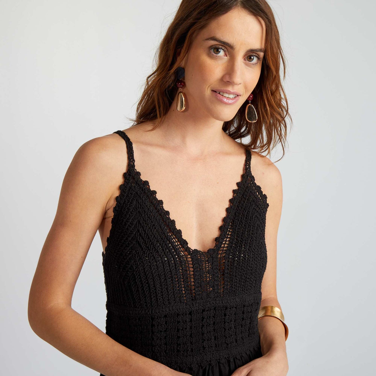 Long flared macramé dress black