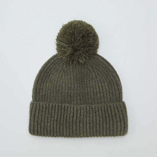 Ribbed beanie with pompom KHAKI