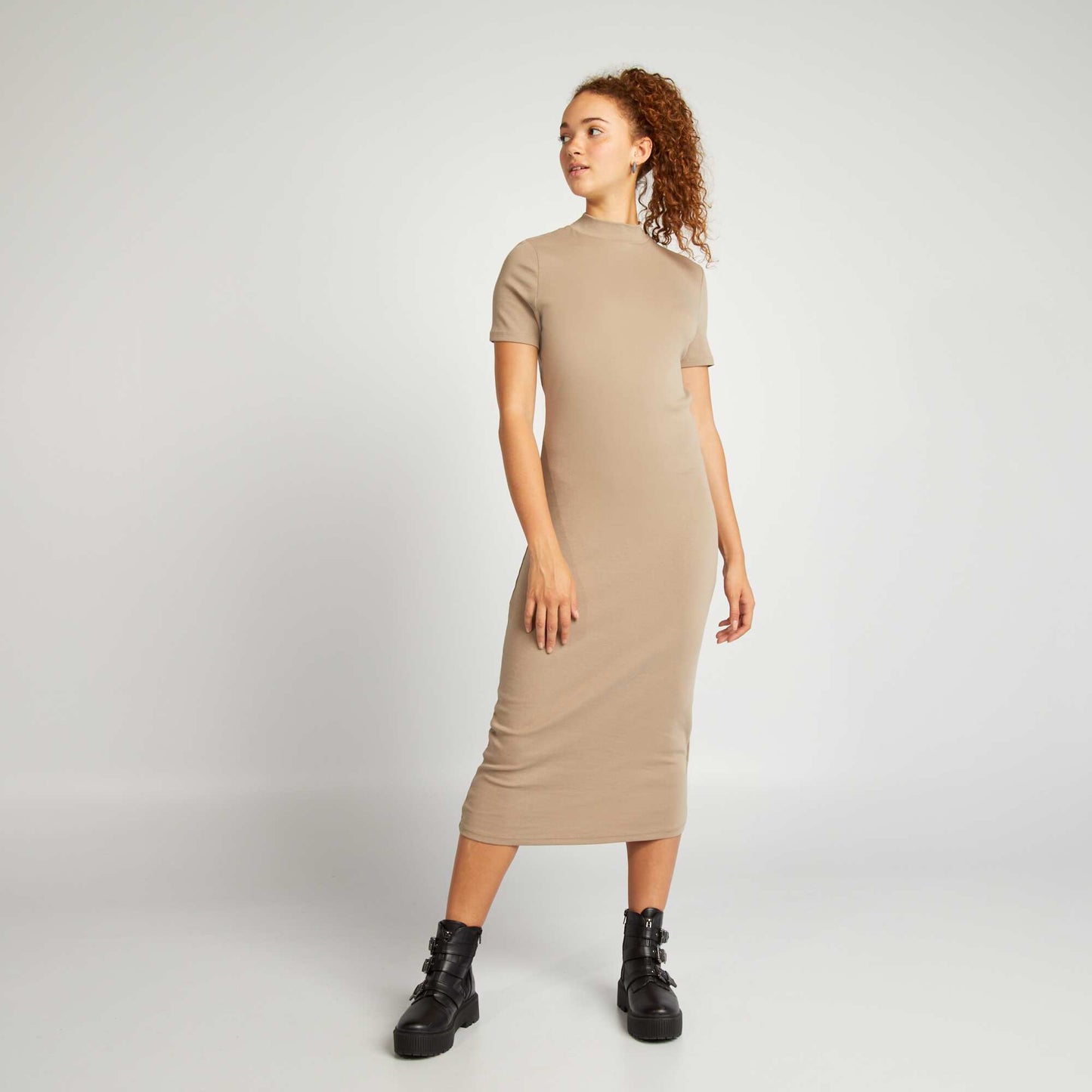 Long plain stretch cotton dress BEIGE