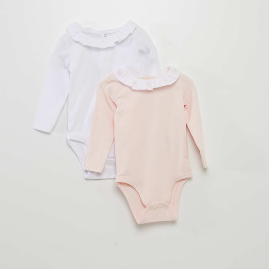 Pack of 2 long-sleeved bodysuits with ruffled collar WHITE