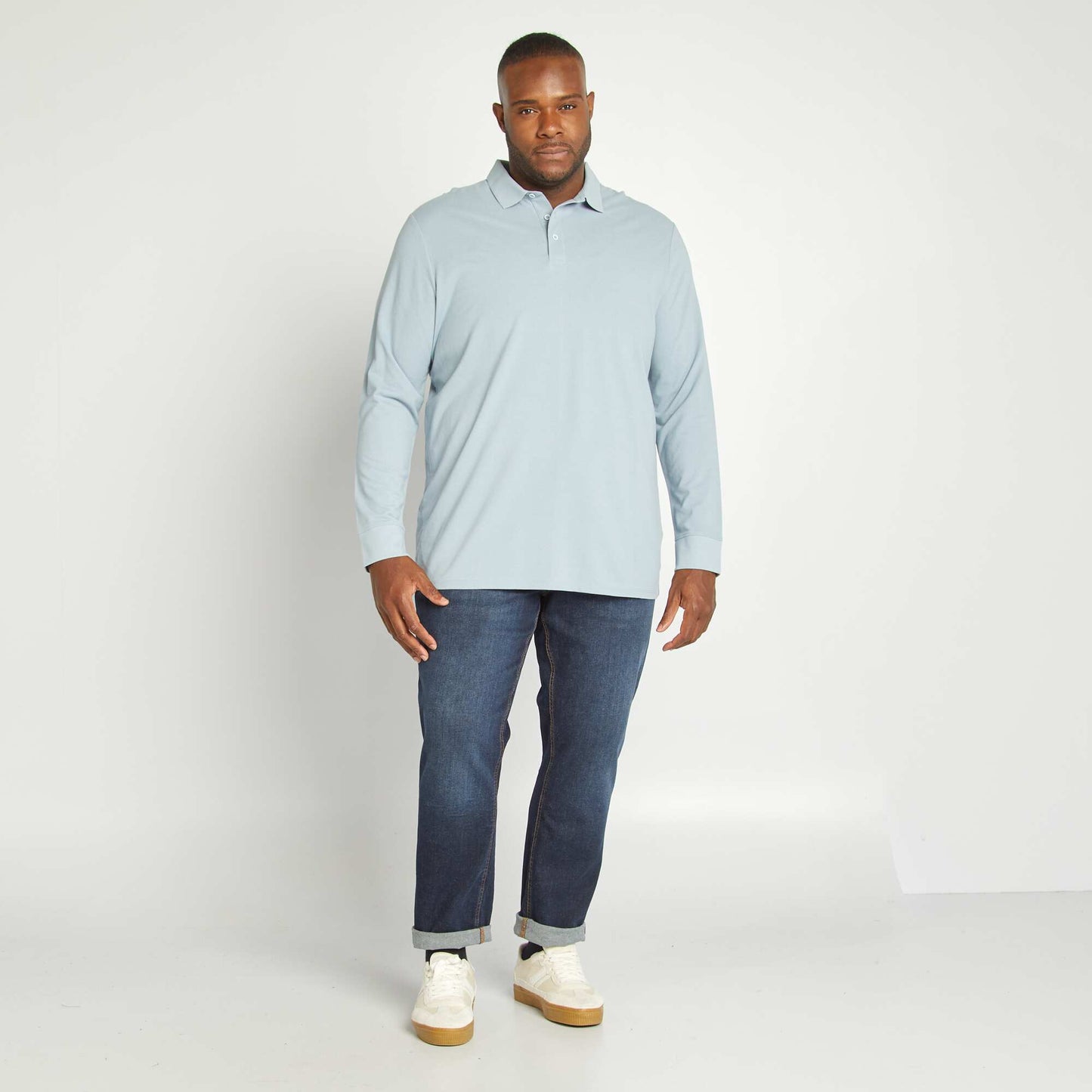 Long-sleeved cotton piqué polo shirt BLUE