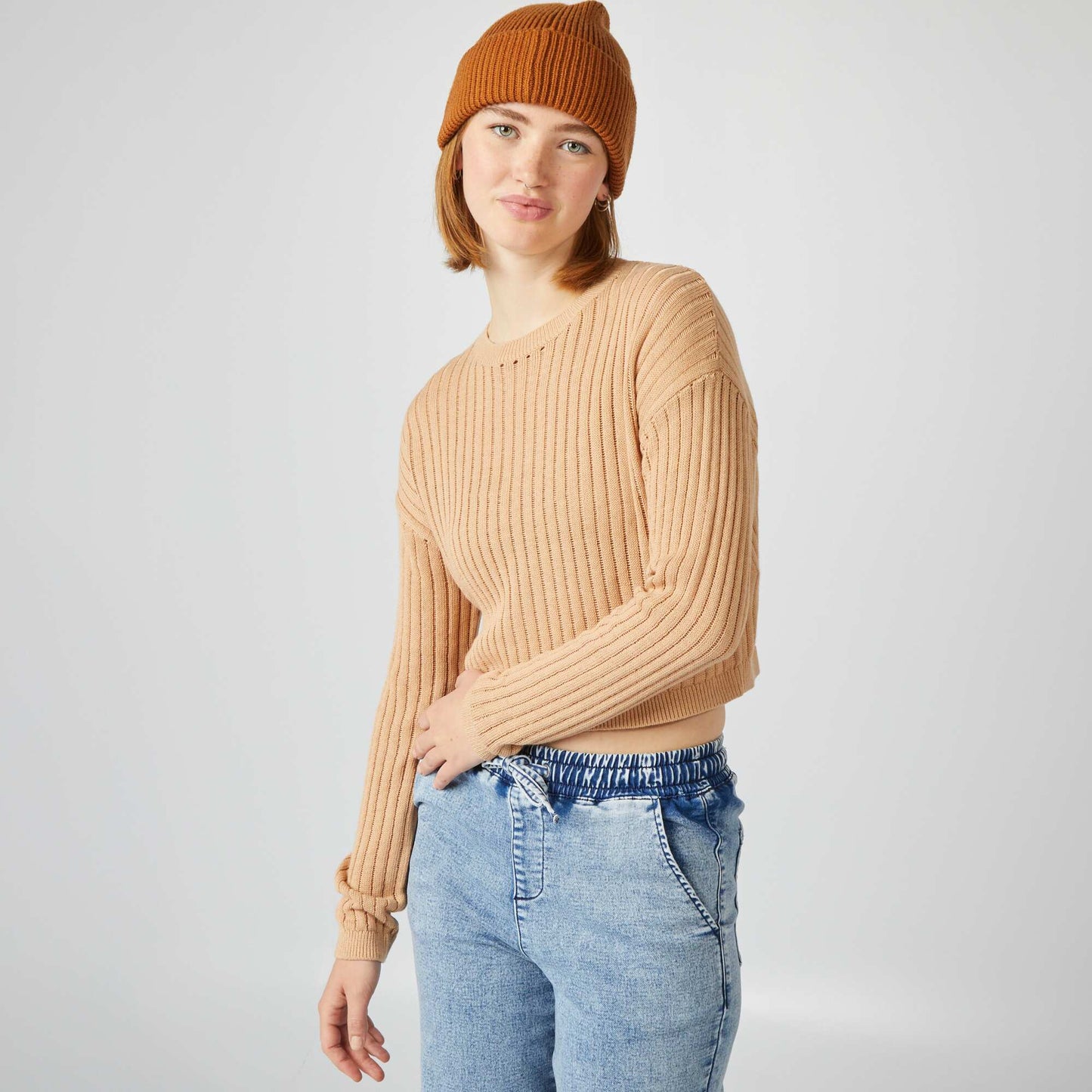 Openwork knit cropped jumper BROWN