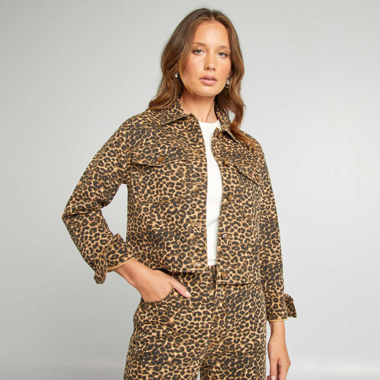 Denim leopard print jacket BEIGE