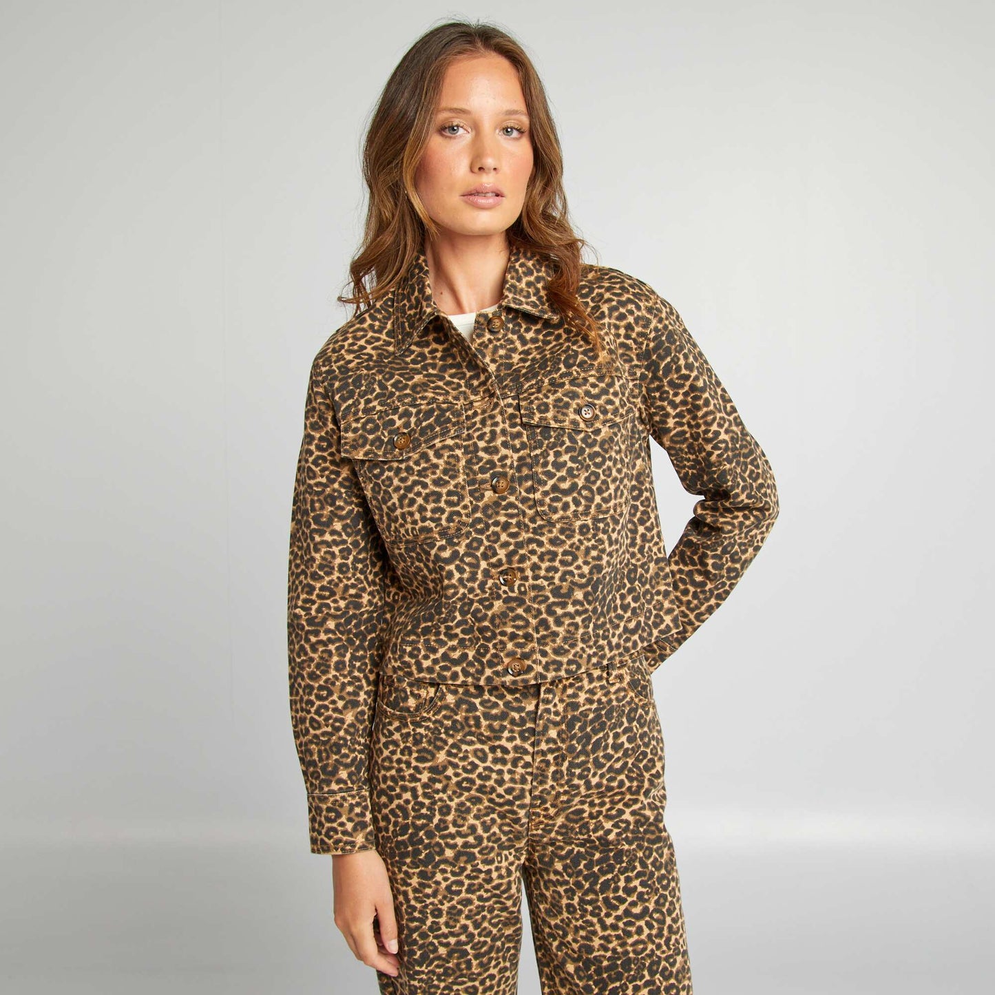 Denim leopard print jacket BEIGE