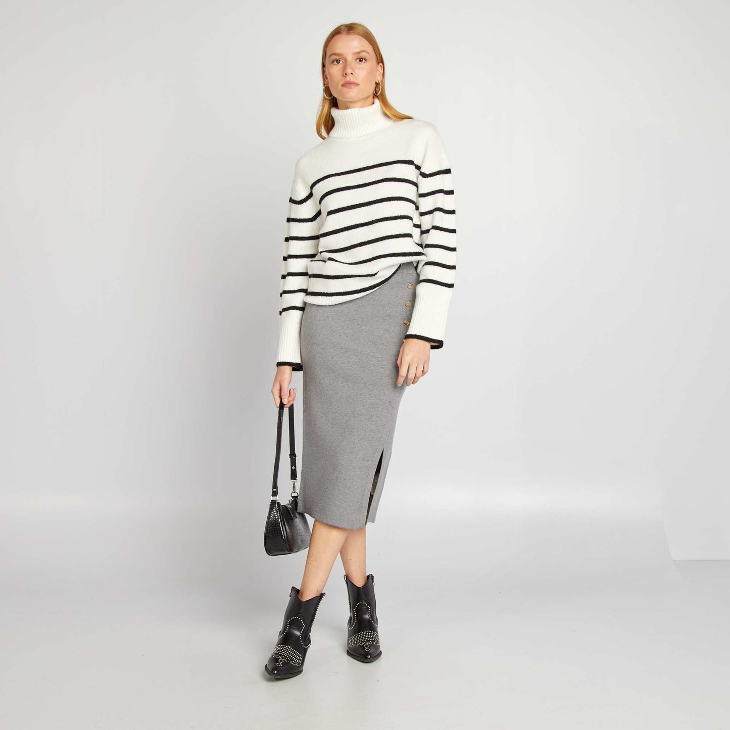 Striped knit jumper with high neck WHITE