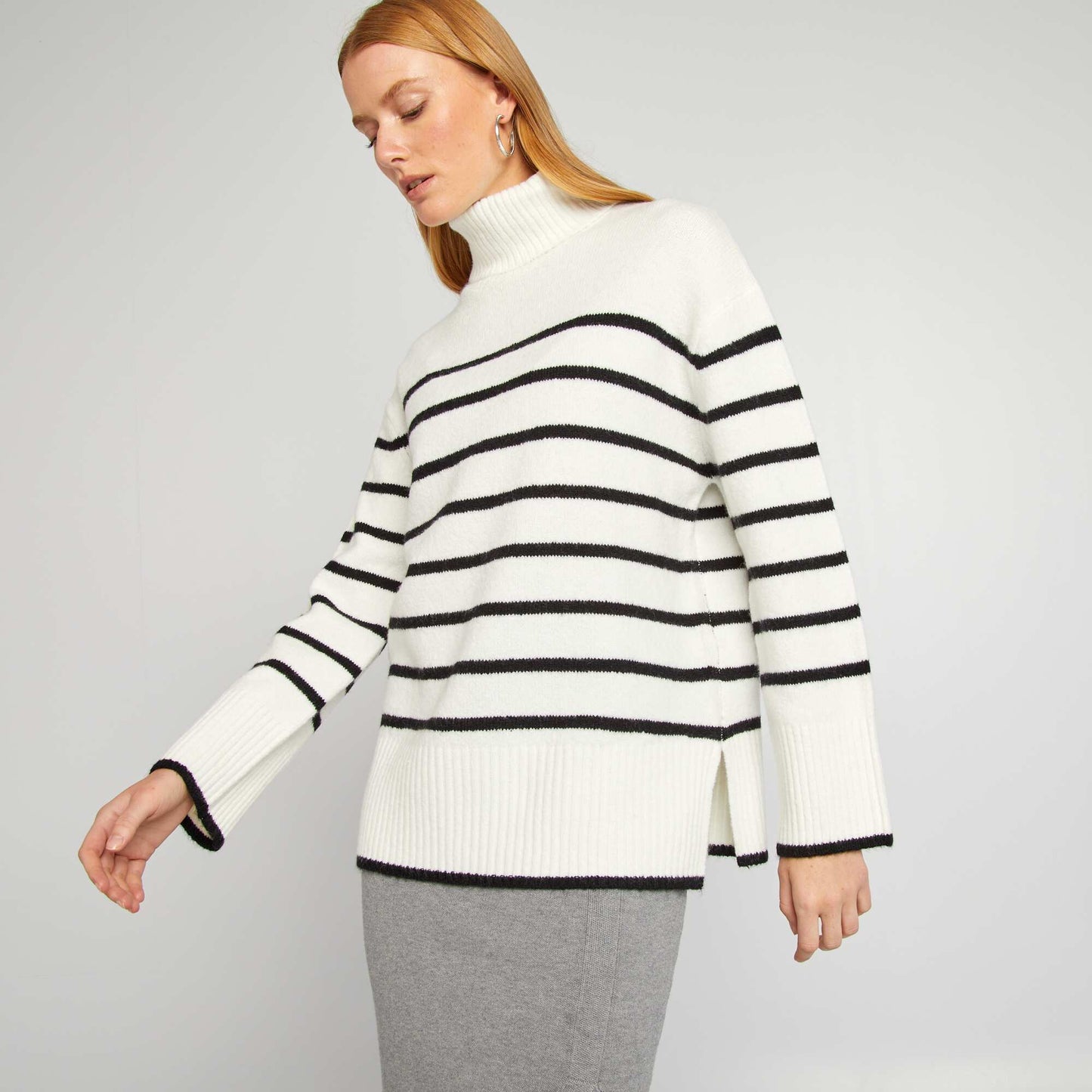 Striped knit jumper with high neck WHITE