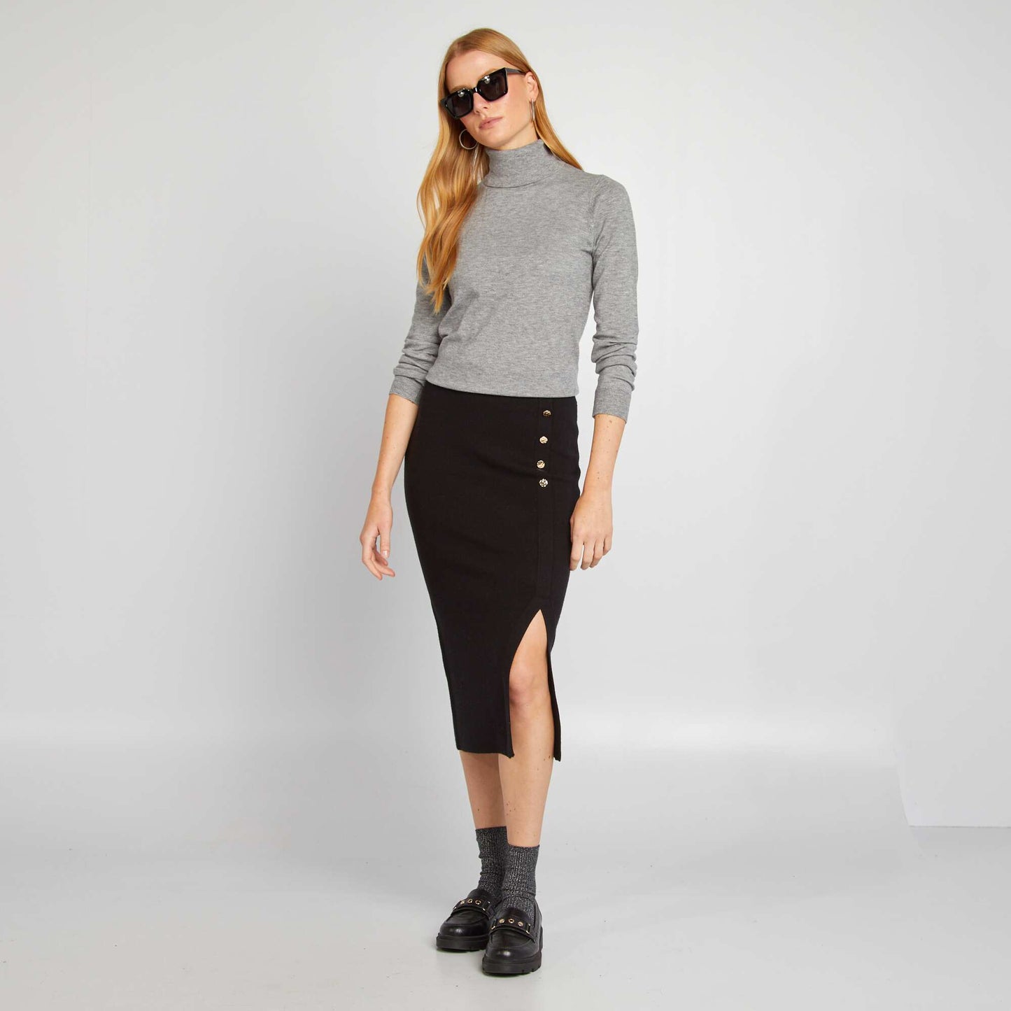 Fine-knit polo neck sweater GREY