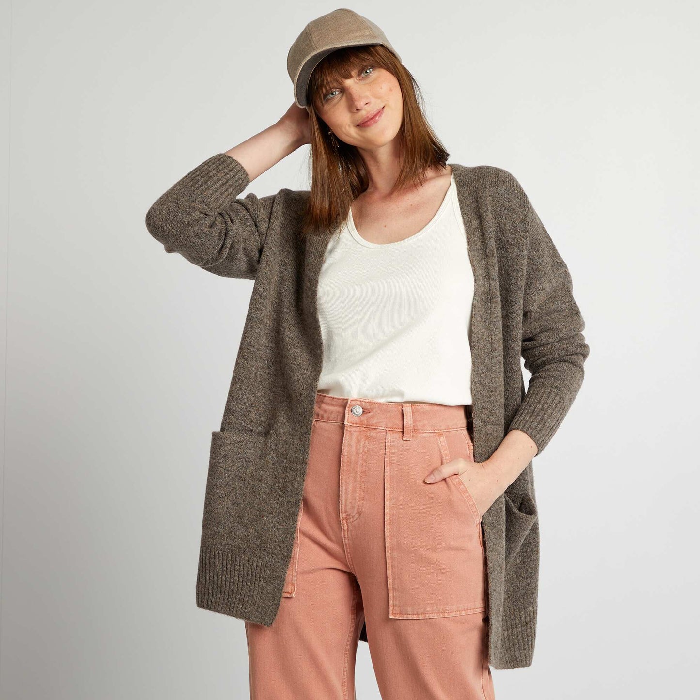 Long cardigan with pockets BROWN