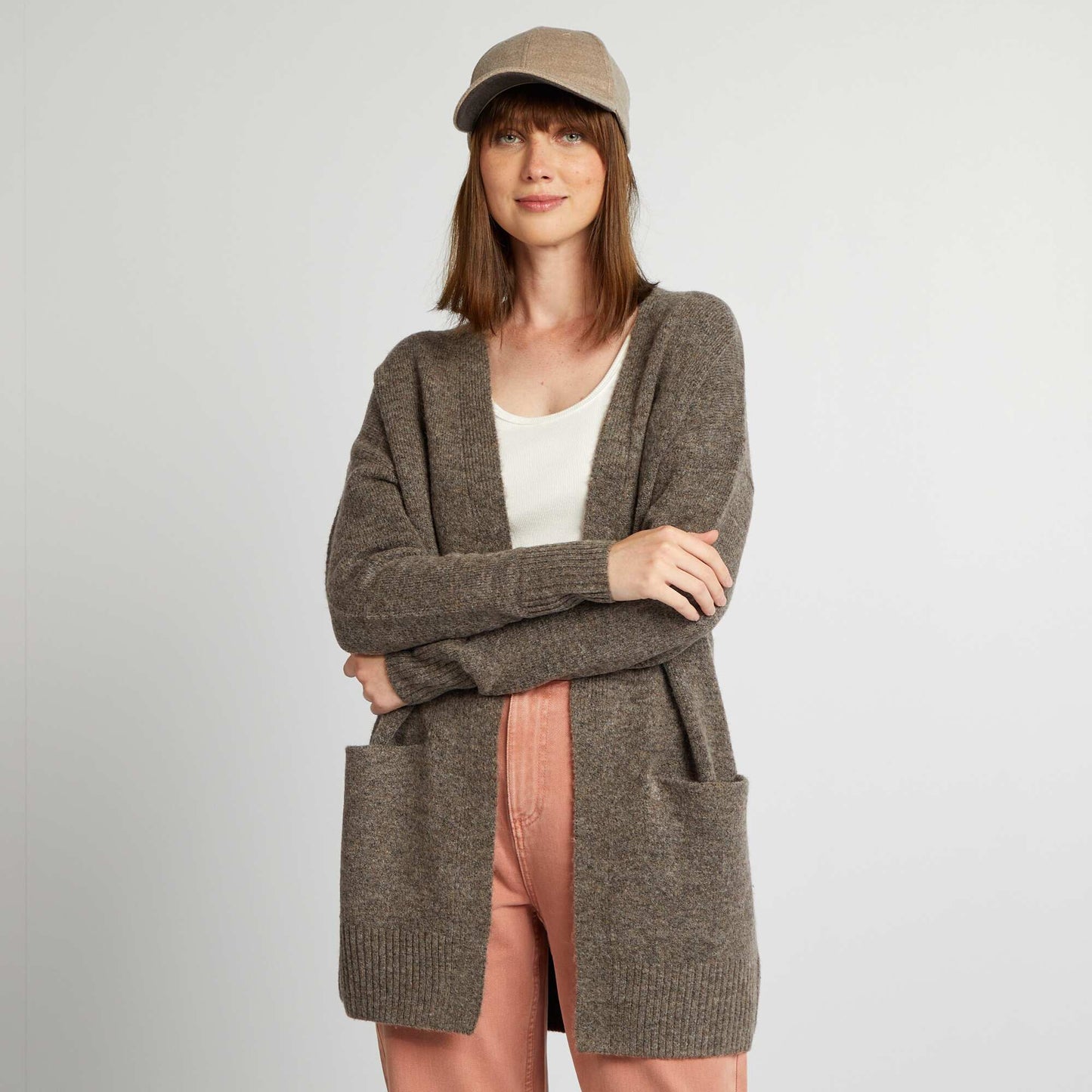 Long cardigan with pockets BROWN