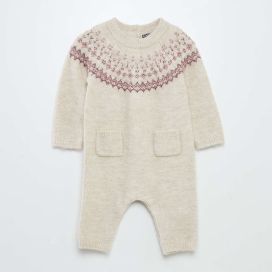 Long jacquard knit onesie BEIGE