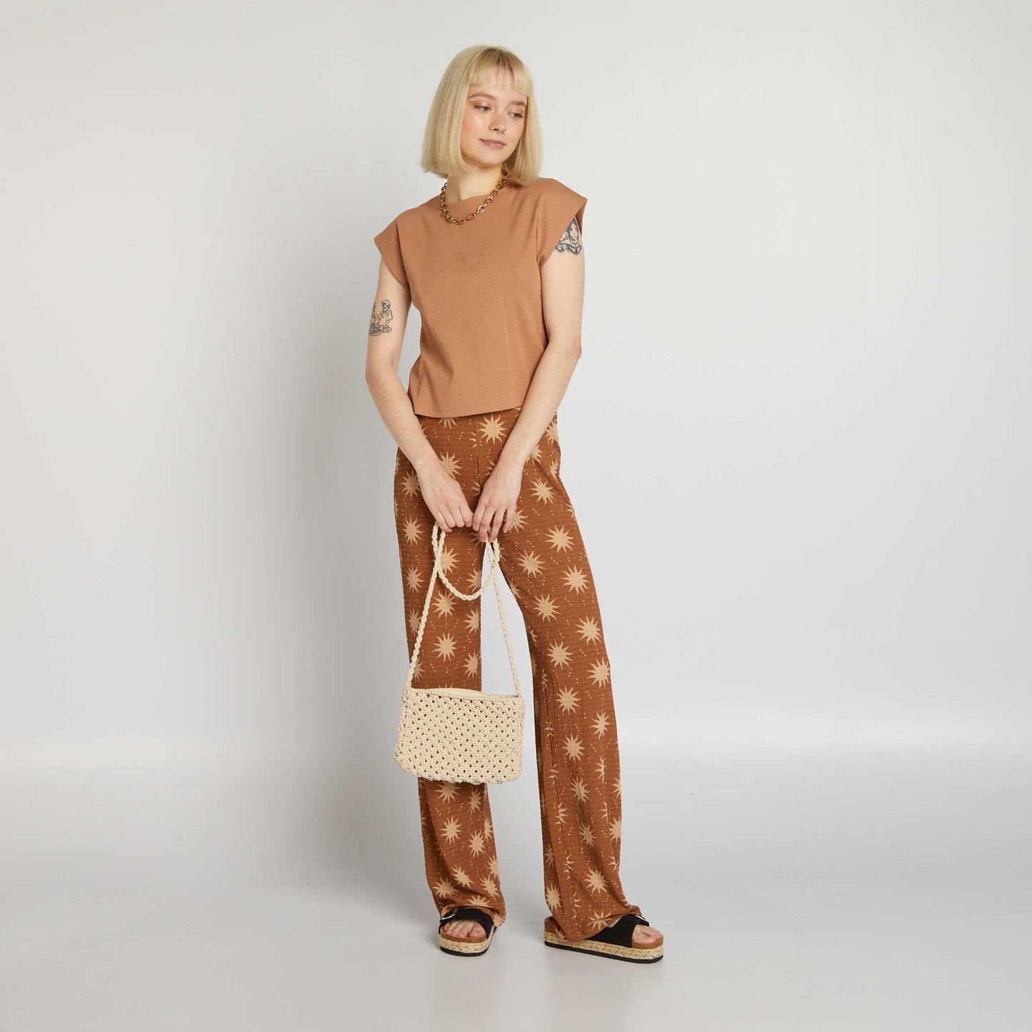 Patterned wide-leg trousers BROWN