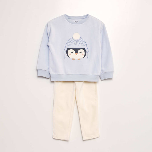 Fleece pyjama set with printed T-shirt + bottoms - 2-piece set BLUE