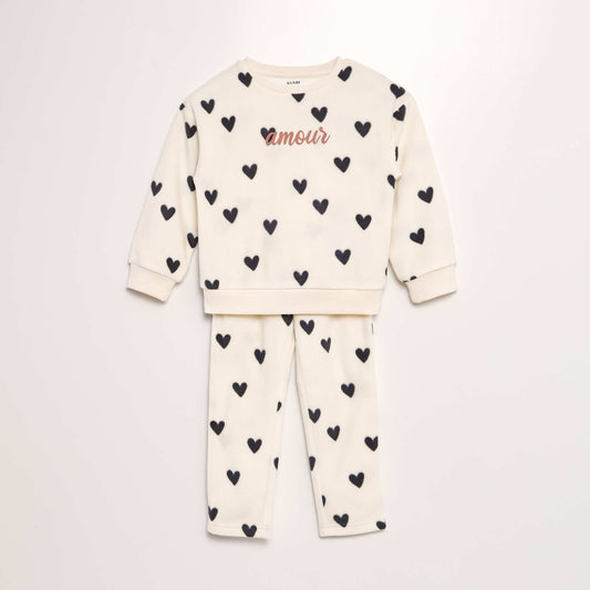 Fleece pyjama set with printed T-shirt + bottoms - 2-piece set WHITE