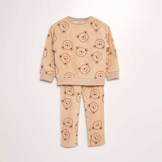 Fleece pyjama set with printed T-shirt + bottoms - 2-piece set BROWN