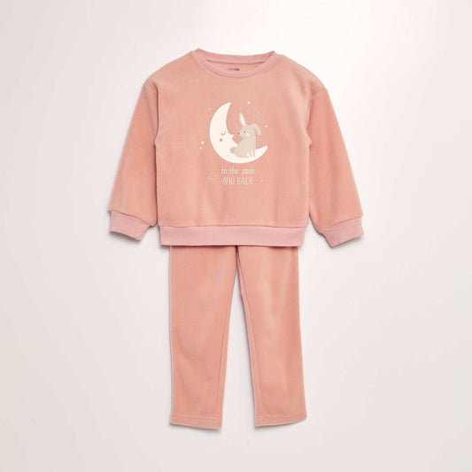 Fleece pyjama set with printed T-shirt + bottoms - 2-piece set PINK