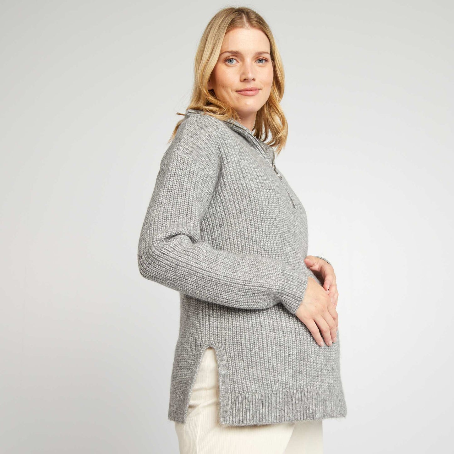 Maternity jumper with high zipped neck GREY