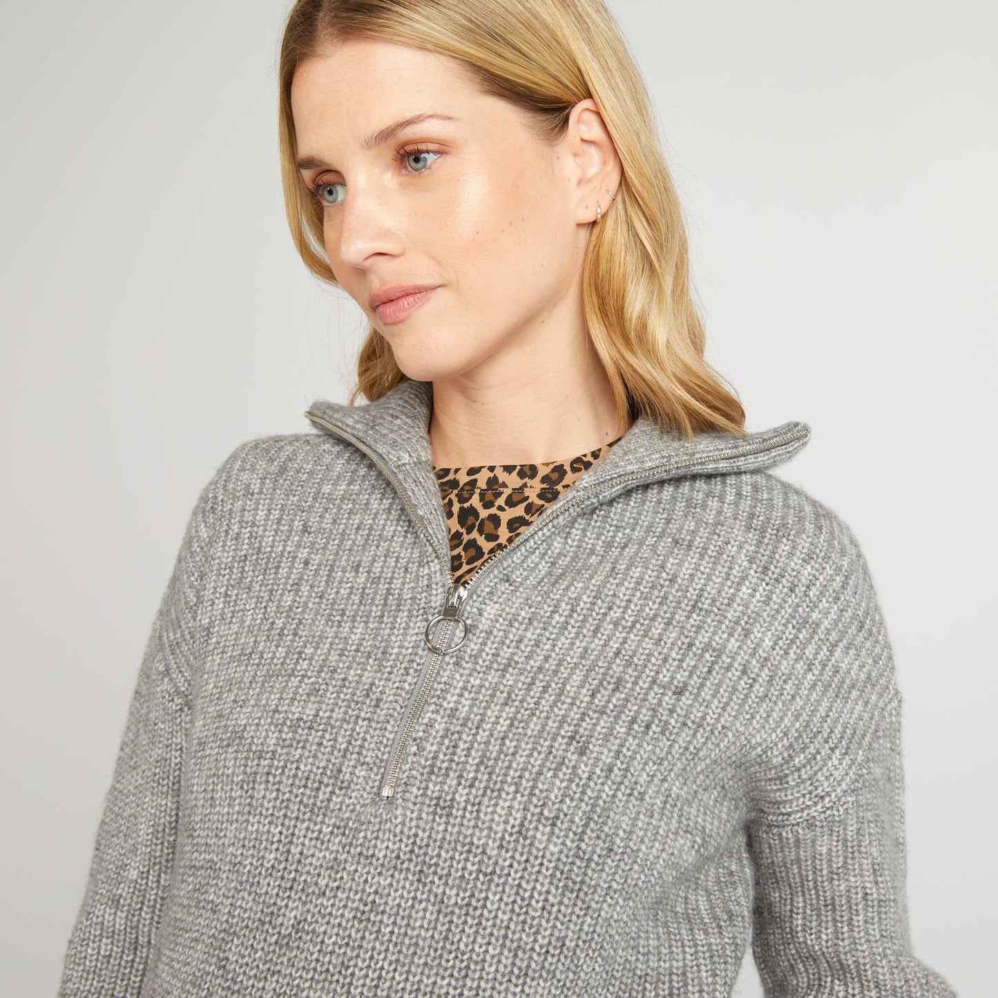 Maternity jumper with high zipped neck GREY