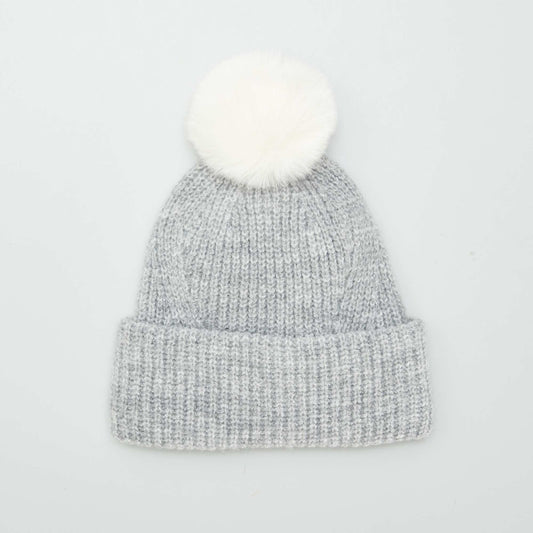 Ribbed knit bobble hat GREY