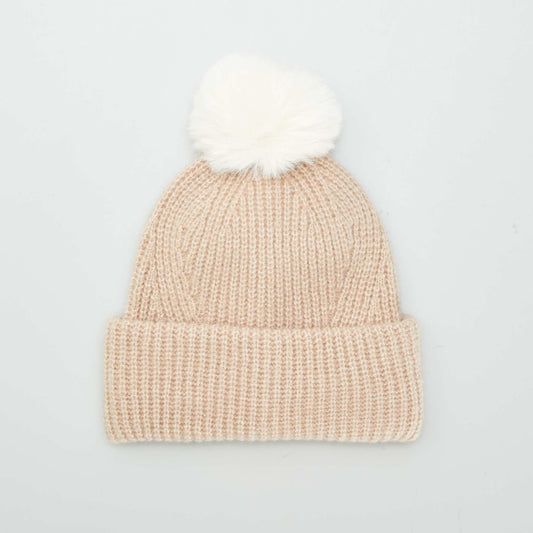 Ribbed knit bobble hat BROWN