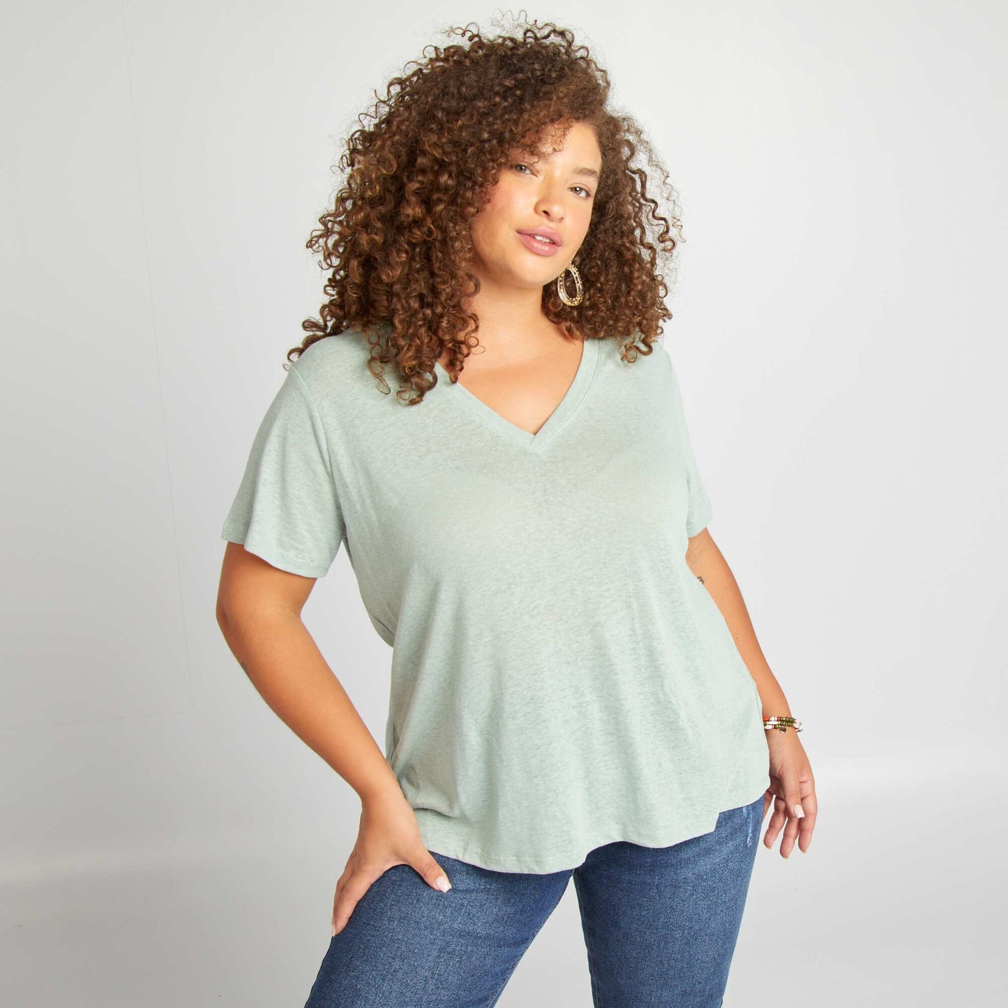 Linen blend V-neck T-shirt GREEN