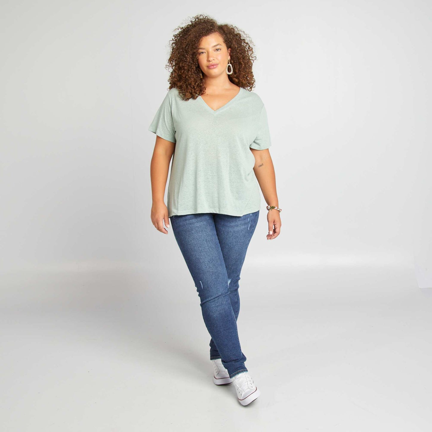 Linen blend V-neck T-shirt GREEN