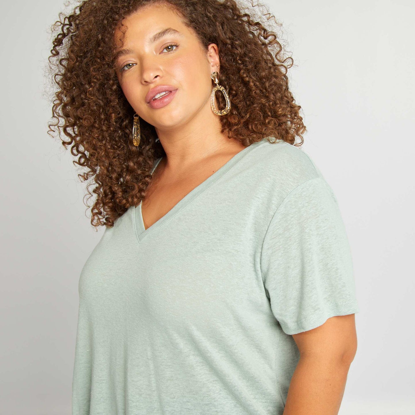 Linen blend V-neck T-shirt GREEN