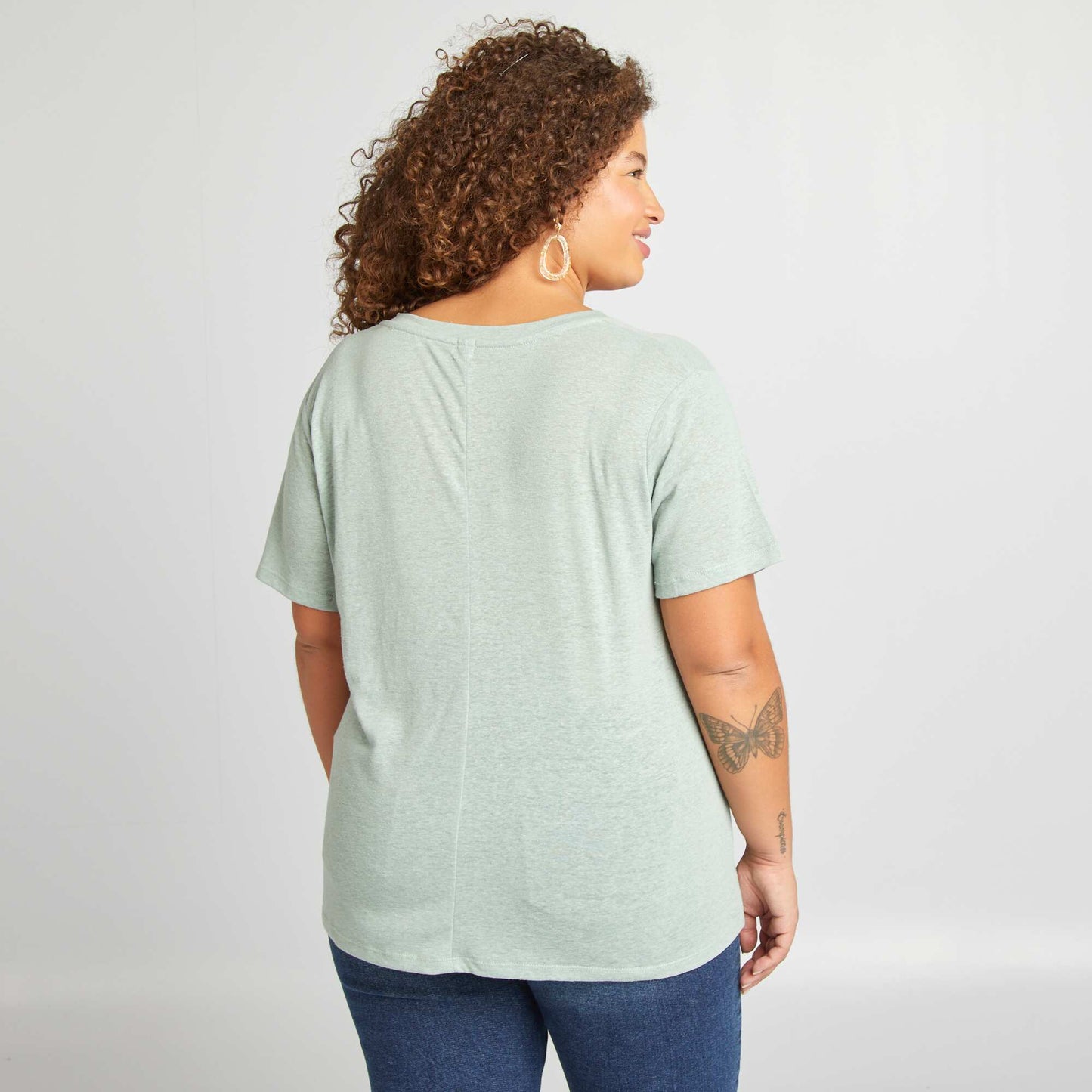 Linen blend V-neck T-shirt GREEN