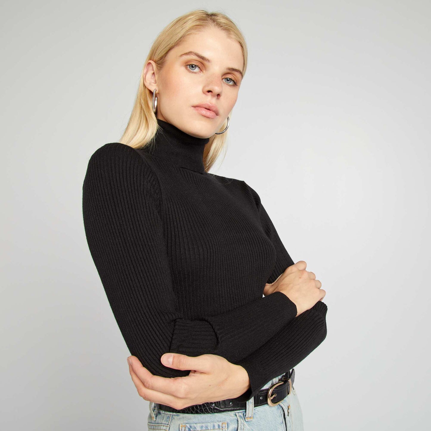 Ribbed knit polo neck sweater black