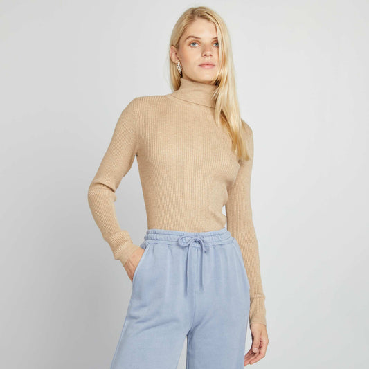 Ribbed knit polo neck sweater BEIGE