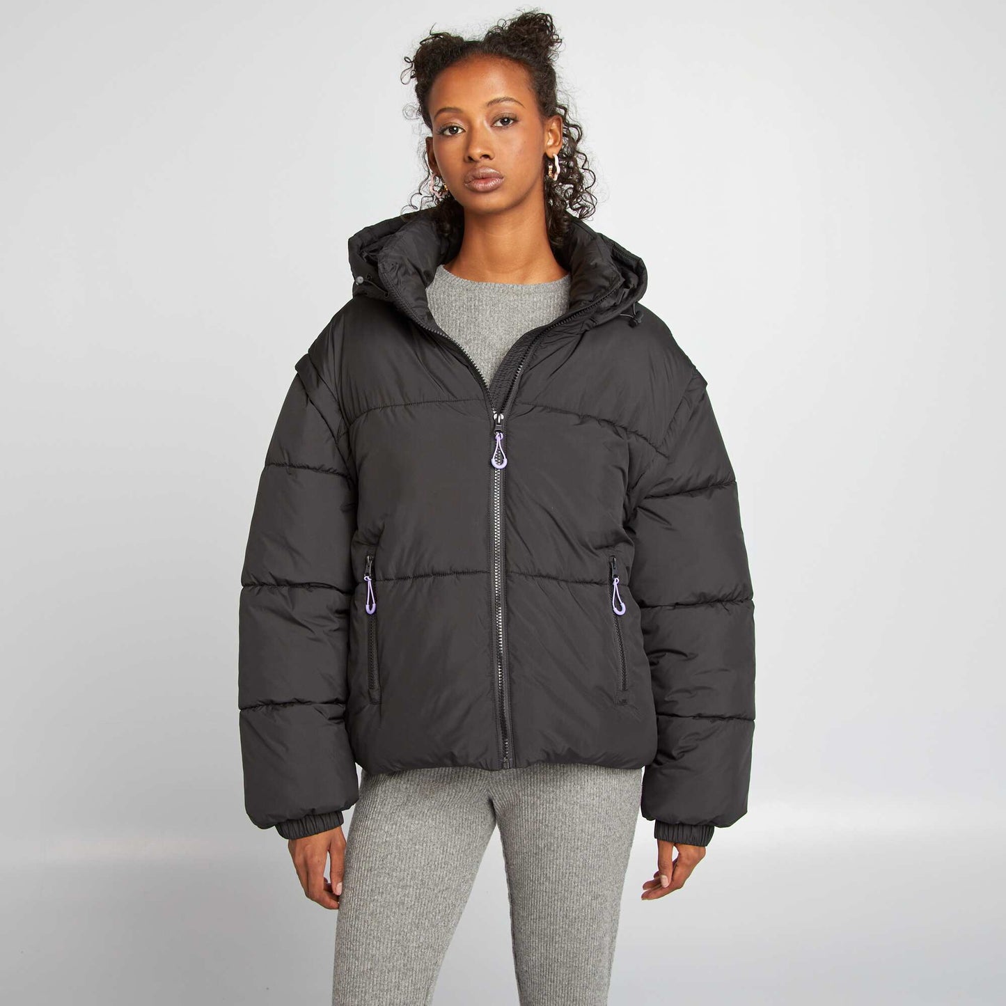 Puffy padded jacket with detachable sleeves and hood black