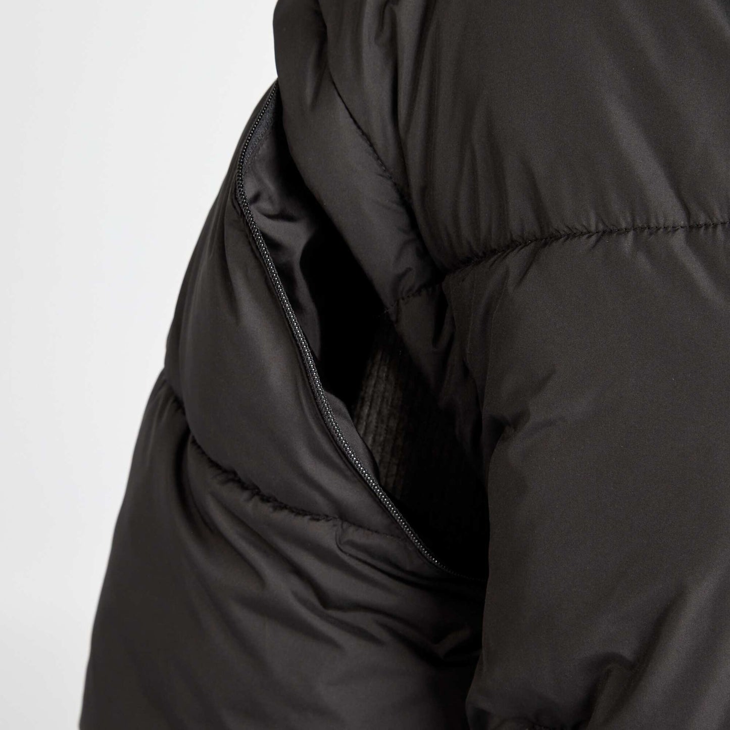 Puffy padded jacket with detachable sleeves and hood black