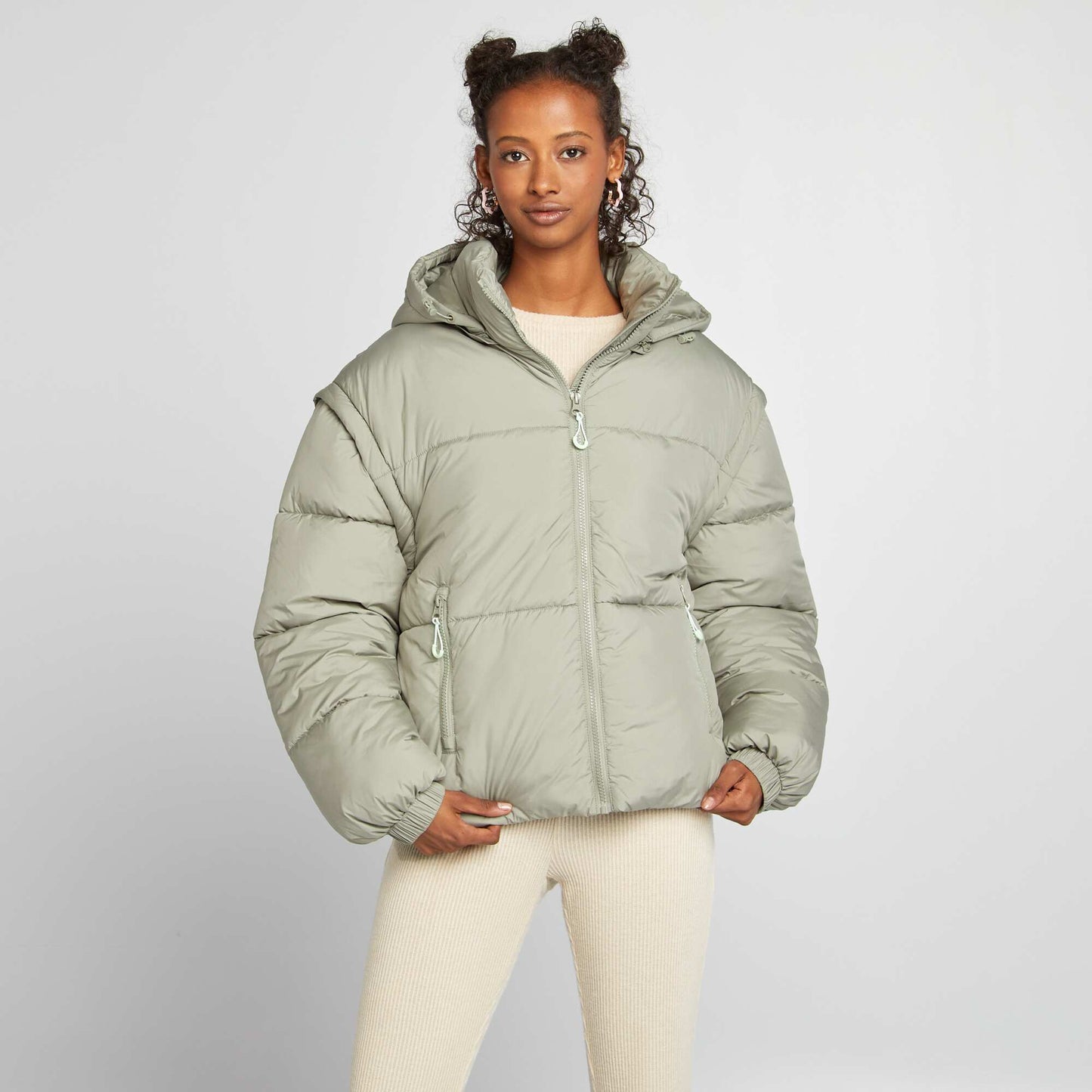 Puffy padded jacket with detachable sleeves and hood GREEN