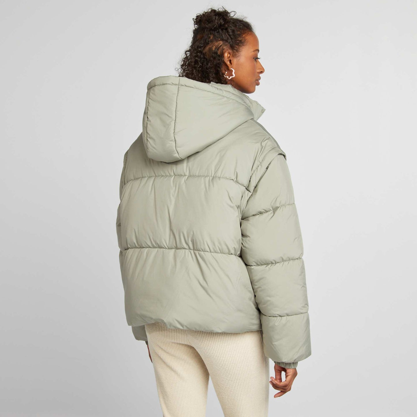 Puffy padded jacket with detachable sleeves and hood GREEN