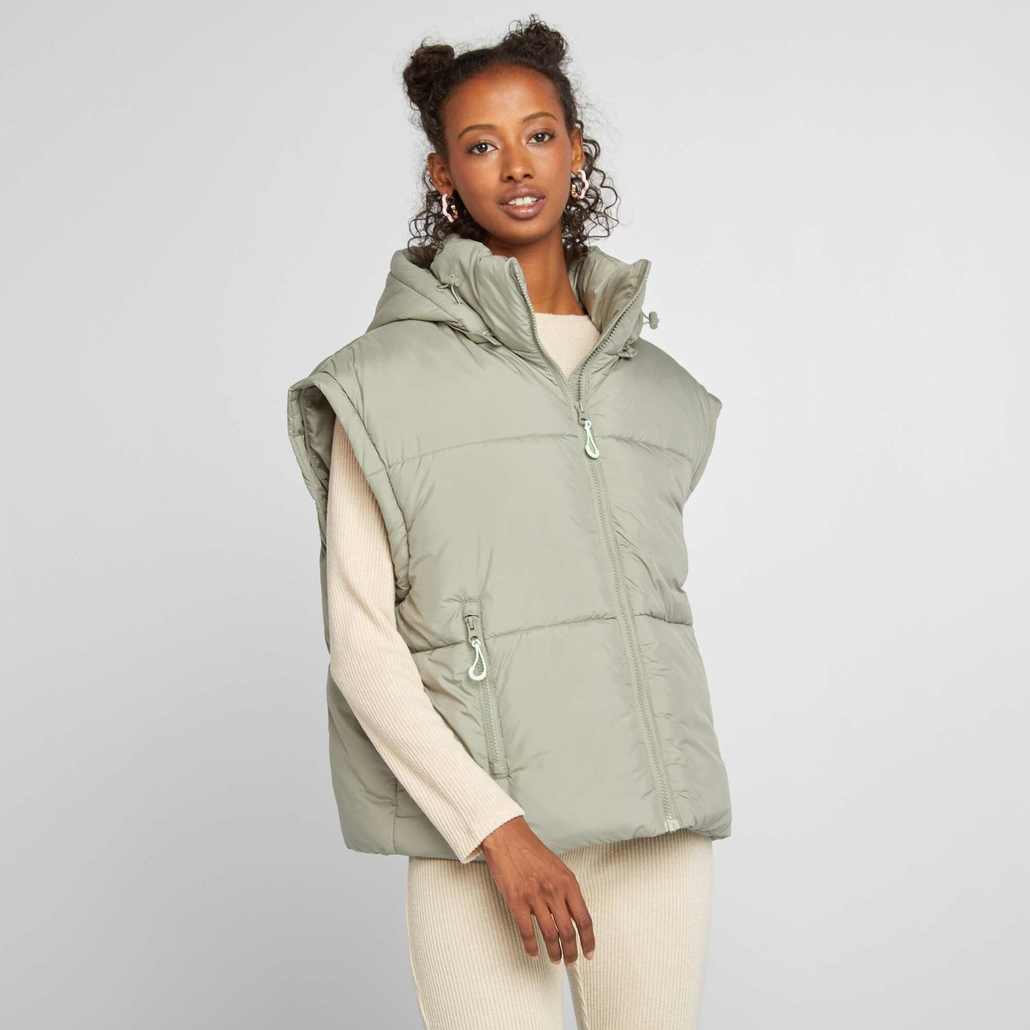 Puffy padded jacket with detachable sleeves and hood GREEN