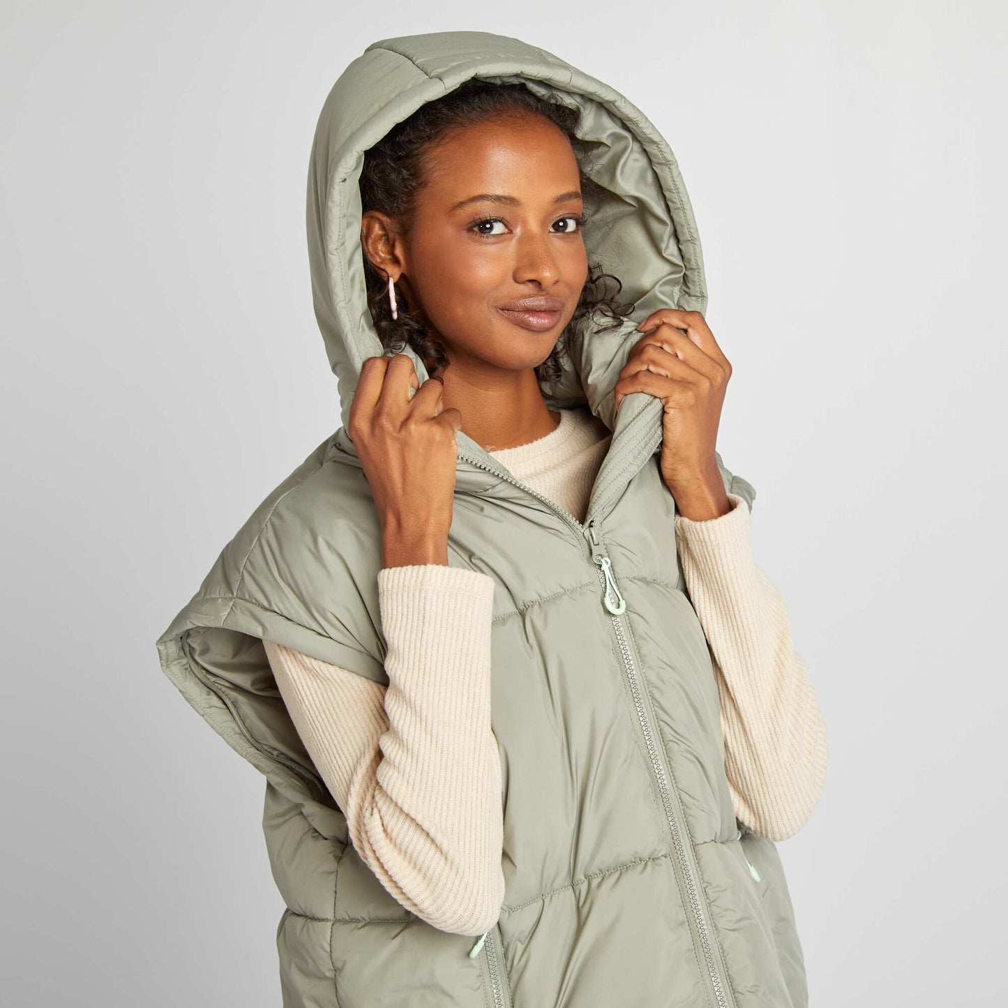 Puffy padded jacket with detachable sleeves and hood GREEN