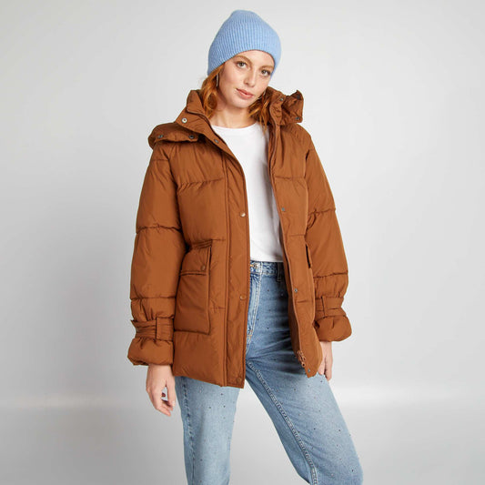 Mid-length quilted padded jacket BROWN