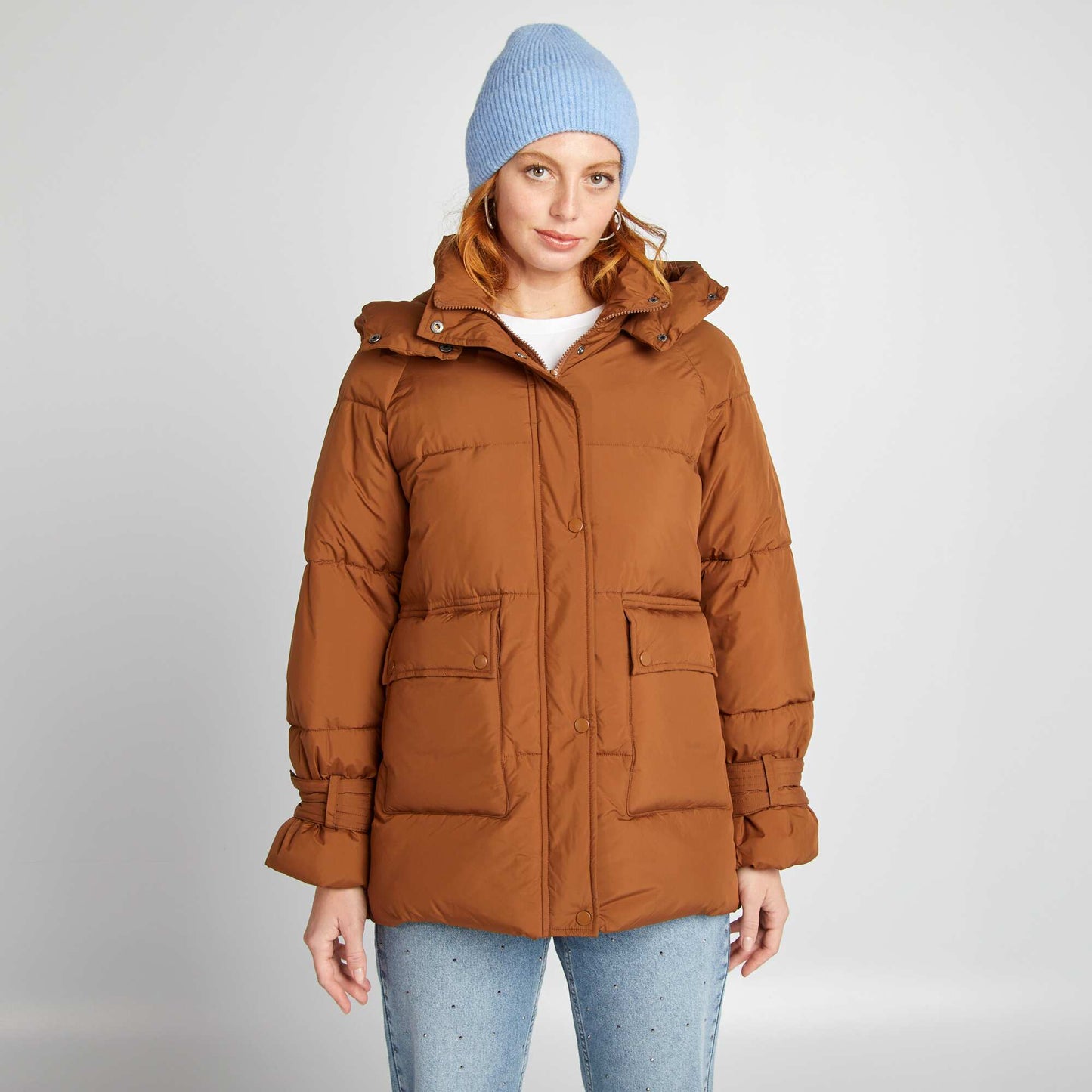 Mid-length quilted padded jacket BROWN