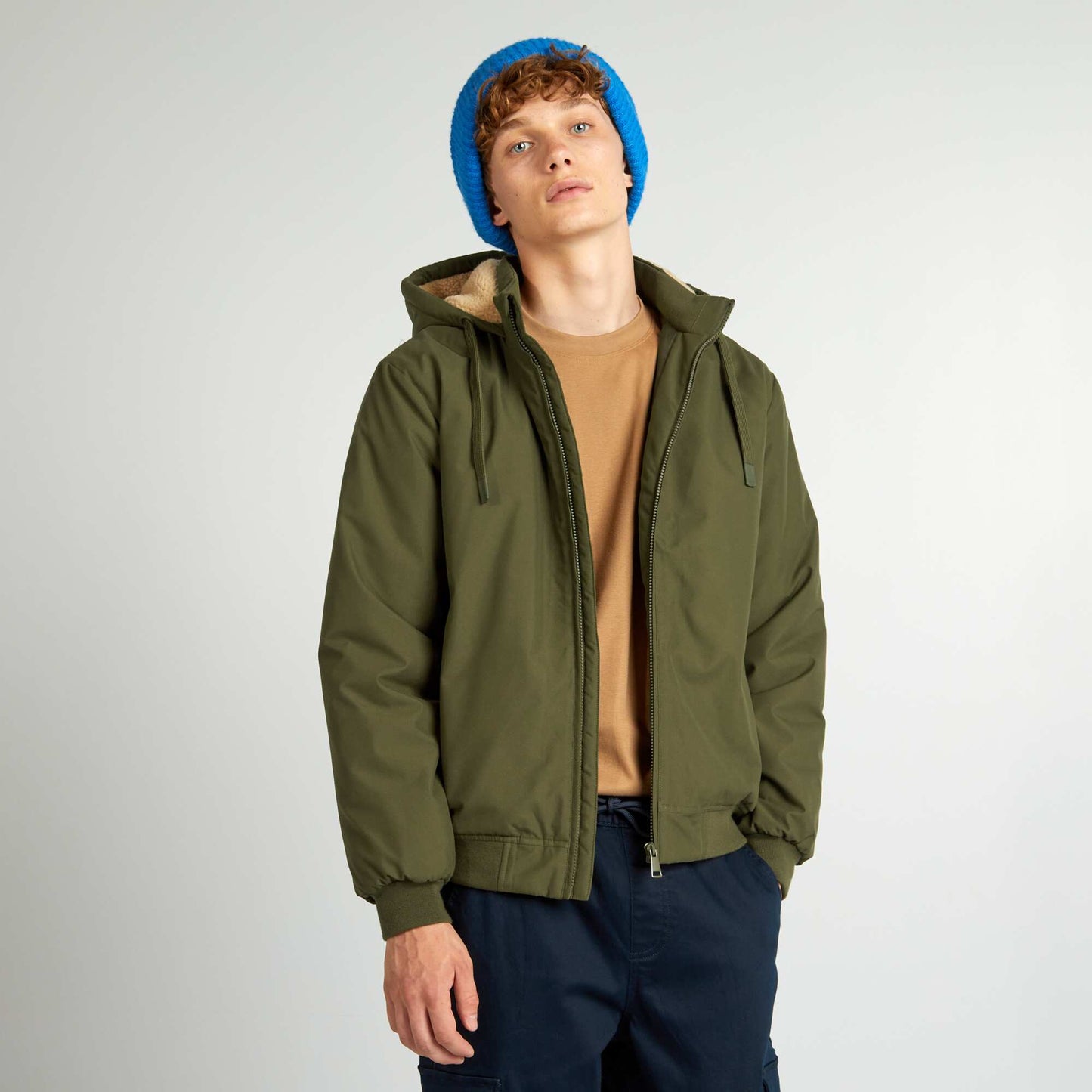 Warm jacket with Sherpa-lined hood GREEN