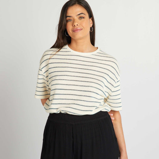 Striped pointelle knit T-shirt BEIGE